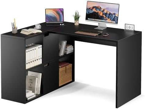 Sweetcrispy Eckschreibtisch mit Regal & Schrank, 120x100x75cm, Starker Gaming Tisch, Einfach zu montieren, Schwarz