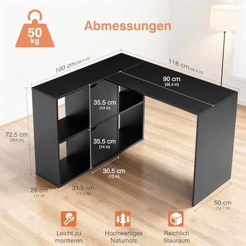 Sweetcrispy Eckschreibtisch mit Regal & Schrank, 120x100x75cm, Starker Gaming Tisch, Einfach zu montieren, Schwarz