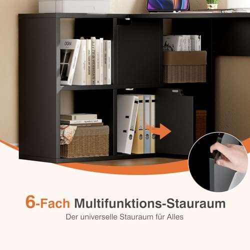 Sweetcrispy Eckschreibtisch mit Regal & Schrank, 120x100x75cm, Starker Gaming Tisch, Einfach zu montieren, Schwarz