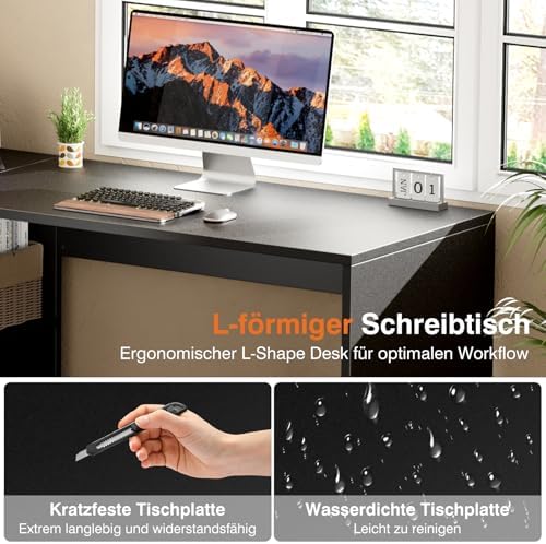 Sweetcrispy Eckschreibtisch mit Regal & Schrank, 120x100x75cm, Starker Gaming Tisch, Einfach zu montieren, Schwarz
