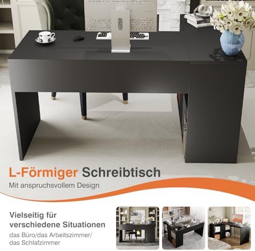 Sweetcrispy Eckschreibtisch mit Regal & Schrank, 120x100x75cm, Starker Gaming Tisch, Einfach zu montieren, Schwarz