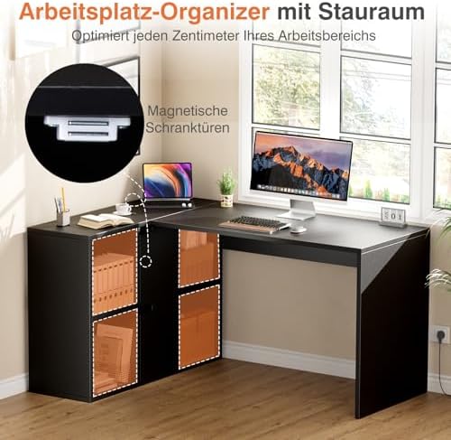 Sweetcrispy Eckschreibtisch mit Regal & Schrank, 120x100x75cm, Starker Gaming Tisch, Einfach zu montieren, Schwarz