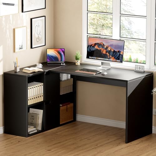 Sweetcrispy Eckschreibtisch mit Regal & Schrank, 120x100x75cm, Starker Gaming Tisch, Einfach zu montieren, Schwarz