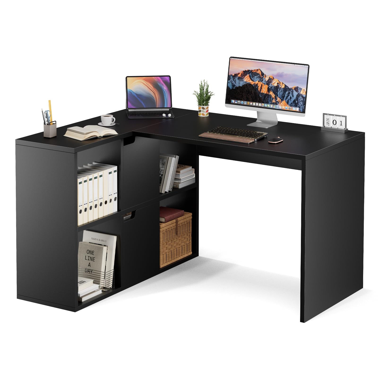 Sweetcrispy Eckschreibtisch mit Regal & Schrank, 120x100x75cm, Starker Gaming Tisch, Einfach zu montieren, Schwarz