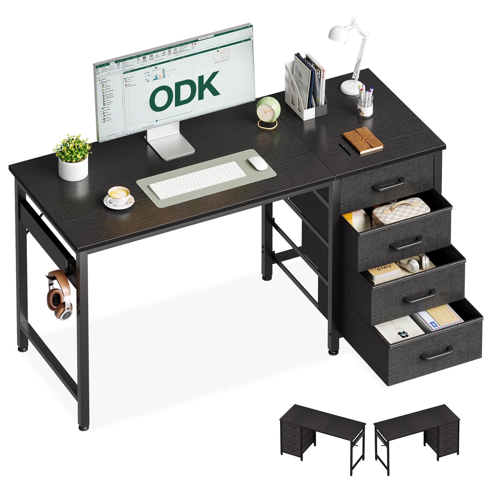 ODK Schreibtisch mit 4 Schubladen – 120×48×75.7cm Computertisch für Heimbüro – reversibler PC Tisch mit Kopfhörer Halter