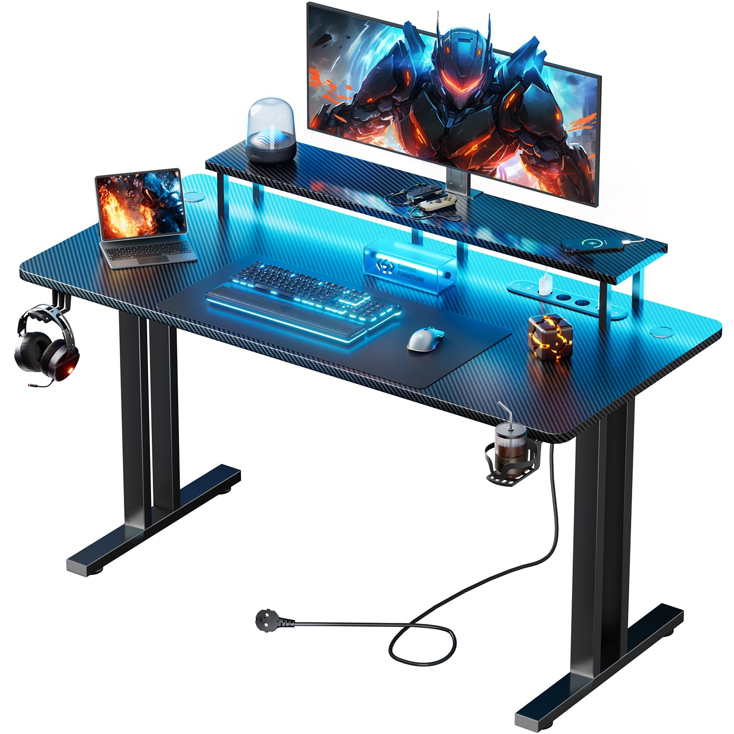 Gaming Tisch mit LED - 140 x 60 cm, Computertisch mit 3 Steckdosen, 2 USB Anschlüssen & Monitorständer, Stabiler PC Game