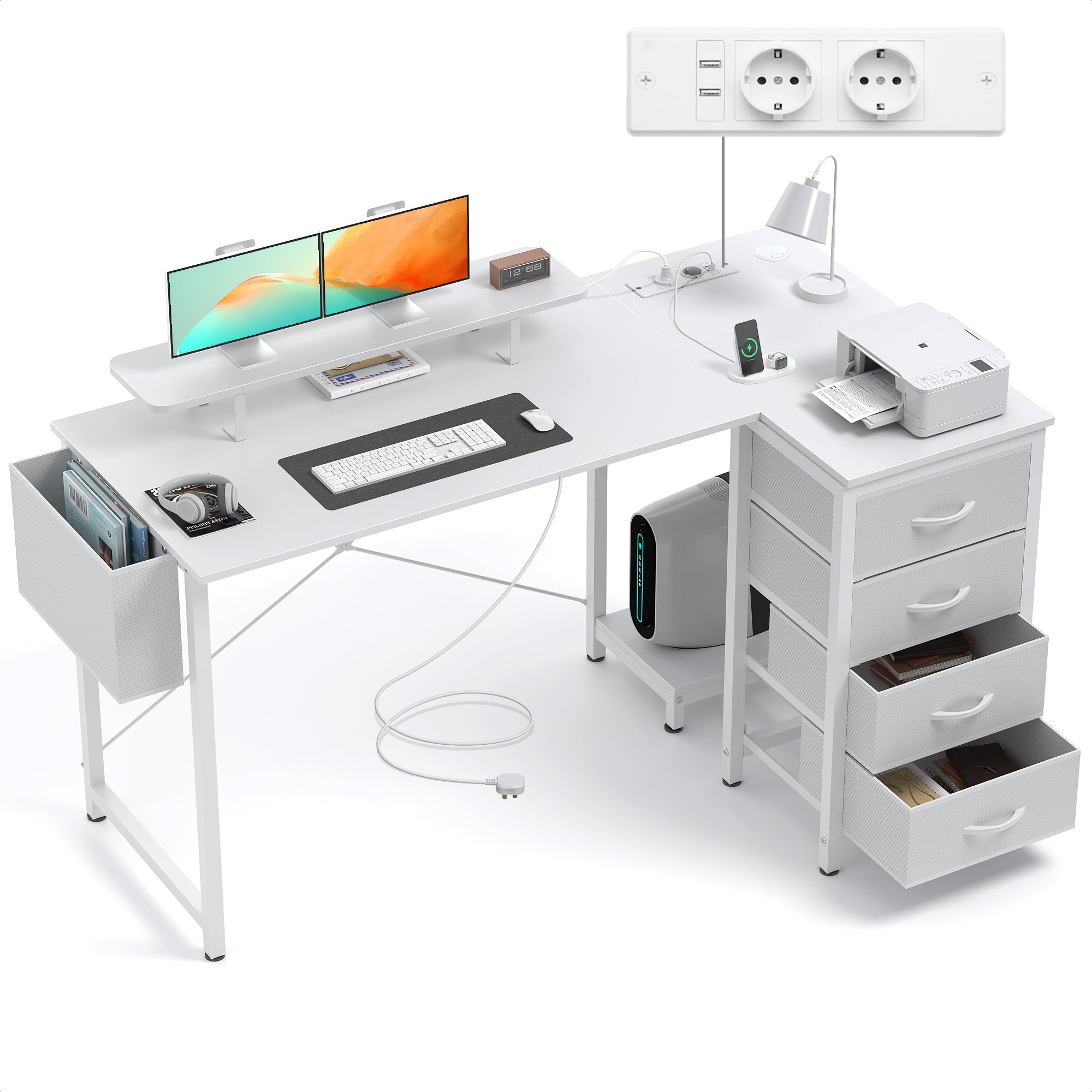 Claiks L-förmiger Schreibtisch 140x80 cm mit USB-Ladeanschluss und Steckdose, 4 Stoff-Schubladen, ideal für Büro und Hom