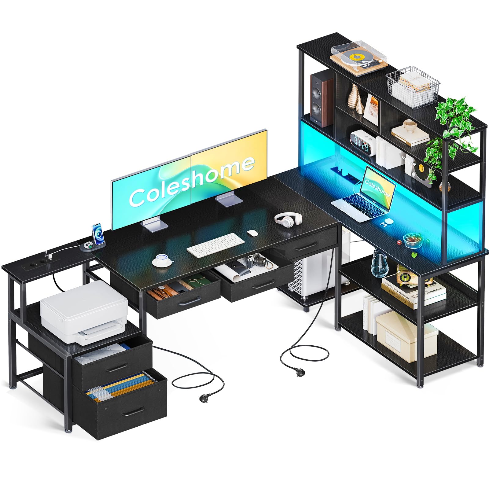 Coleshome Eckschreibtisch L-Form 200×110cm mit 5 Schubladen, 4 Regalen, LED, Steckdosen & USB – Großer Schreibtisch für 