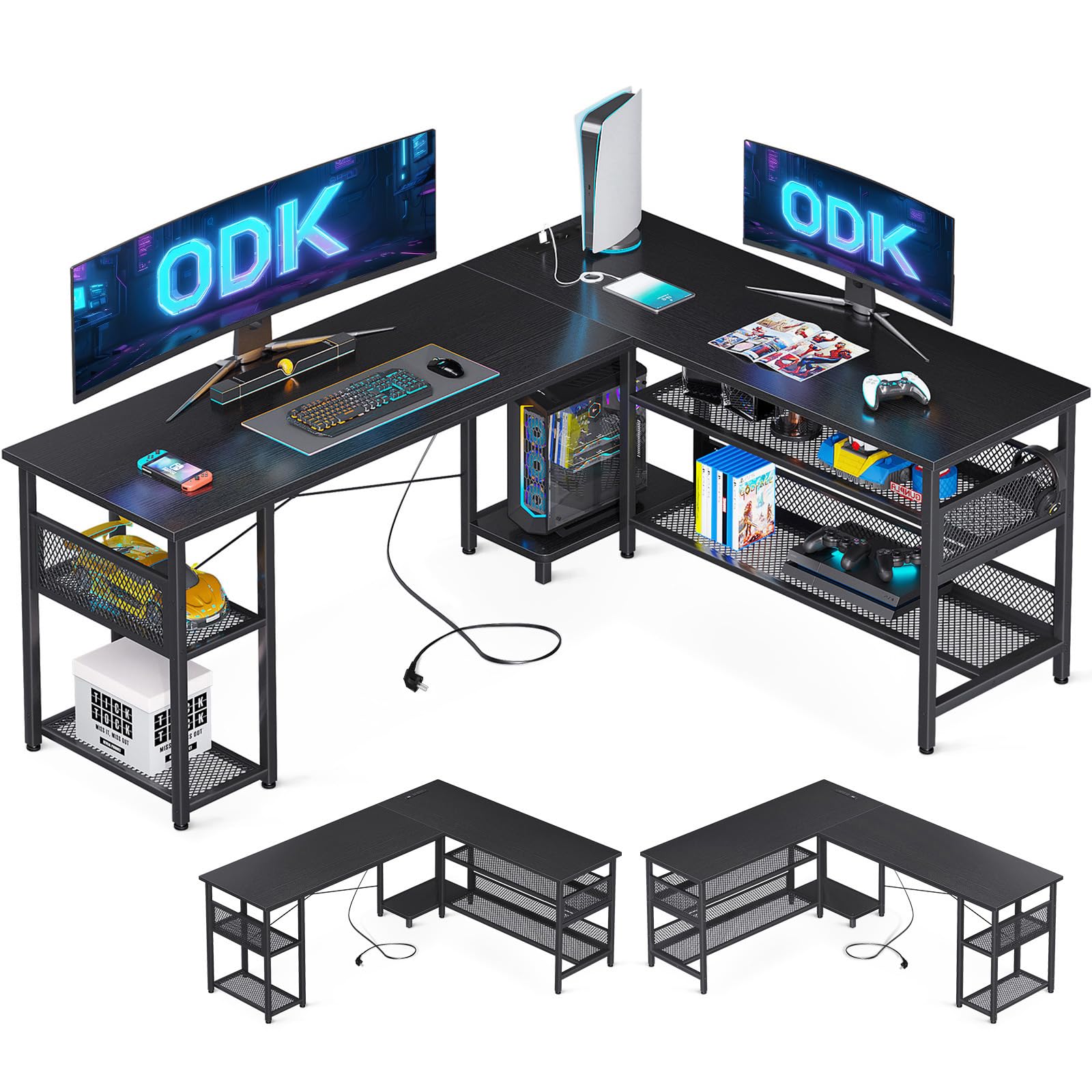ODK Gaming Tisch, 168×120cm, Reversibel, Eckschreibtisch mit 2 Steckdosen & 2 USB Ladeanschlüssen, Maximale Organisation