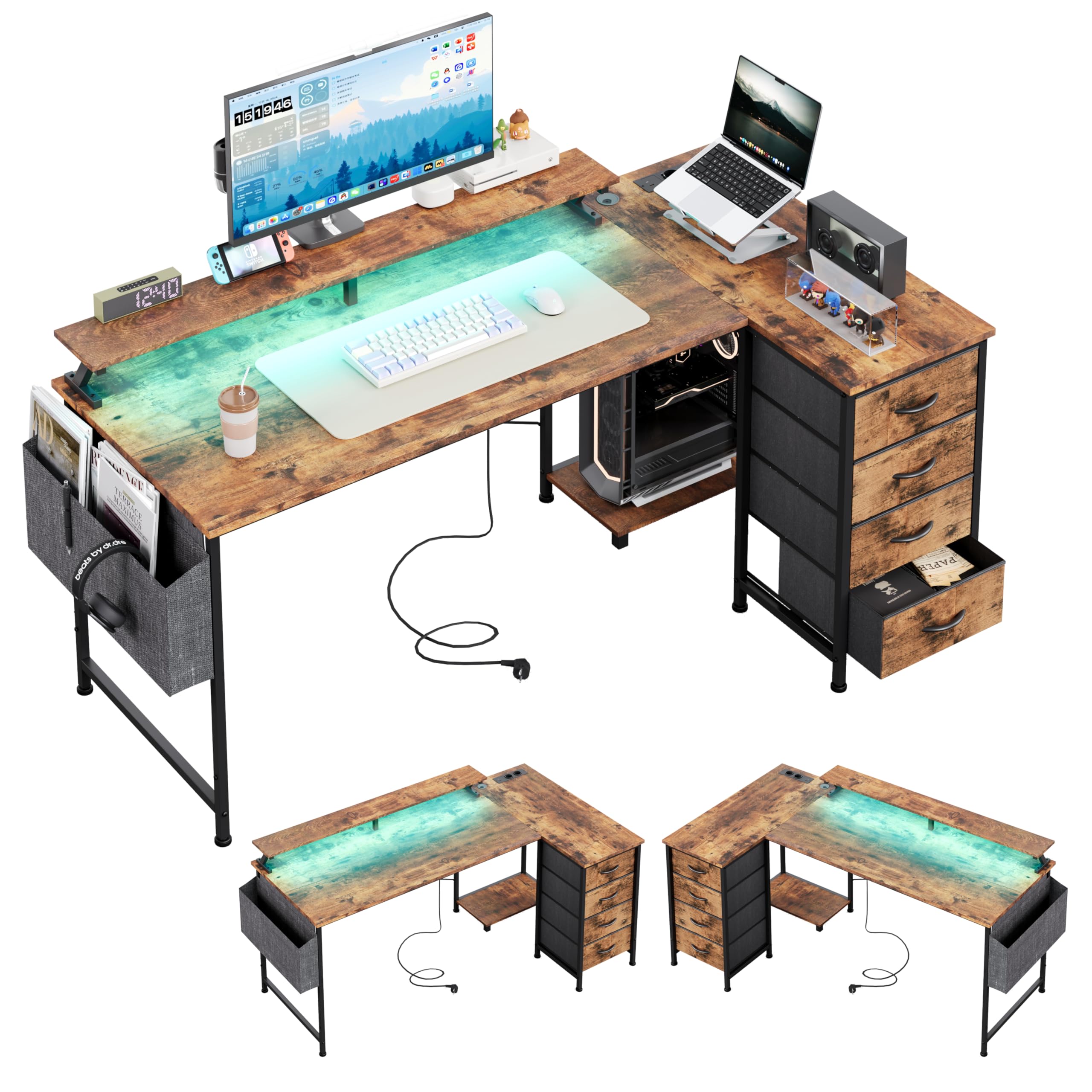 CAIYUN Eckschreibtisch mit USB-Ladeanschluss, L-förmiger Schreibtisch 160x80cm für Homeoffice, Vintage Braun mit 4 Stoff