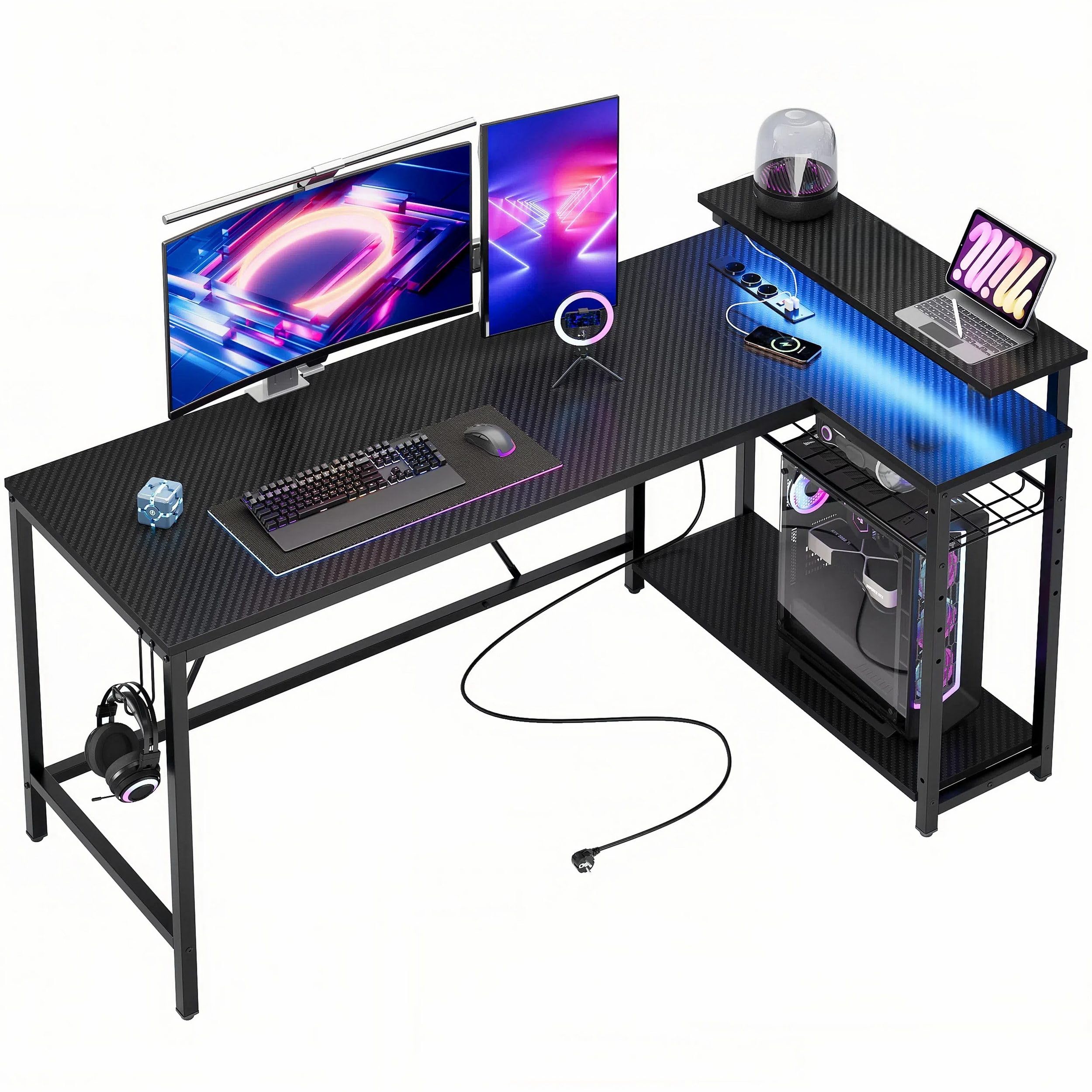 Bestier Gaming Schreibtisch mit LED-Leuchten – Großer L-förmiger Eckschreibtisch mit 2 USB-Ladeanschlüssen und 3 AC-Stec