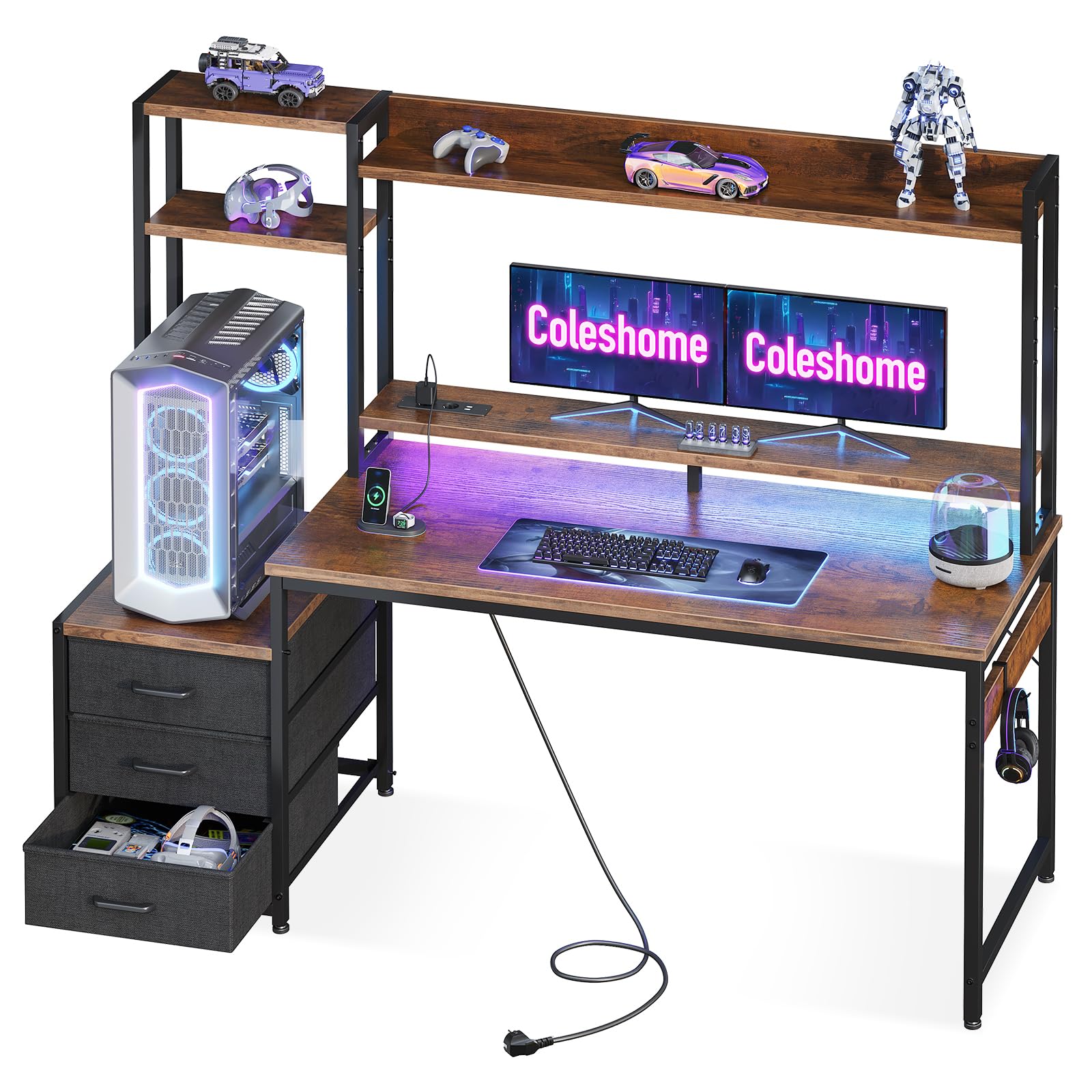 Coleshome Gaming Tisch 137×48cm mit LED-Beleuchtung, Schubladen & Regal für Gamer - Braun - Perfekt für Homeoffice & Gam